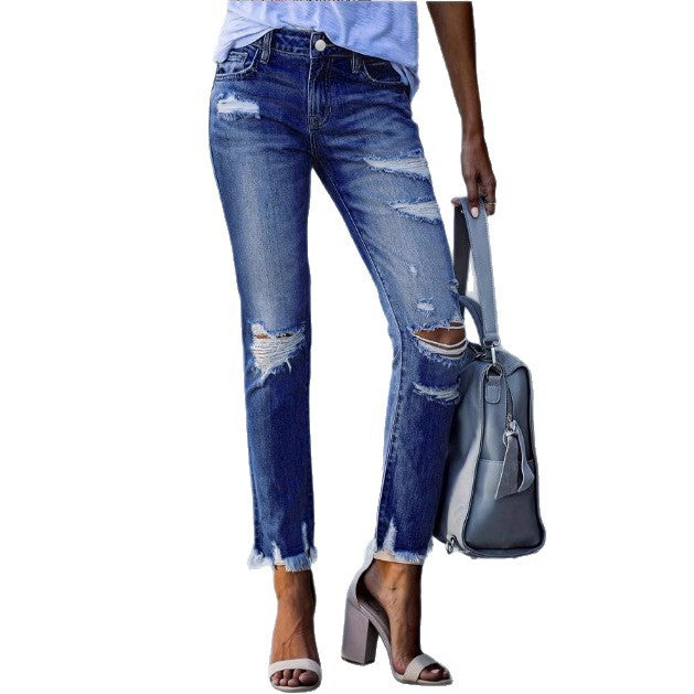 Ladies ankle-length straight-cut destroyed jeans with high waist and frayed hem Mune Fashion