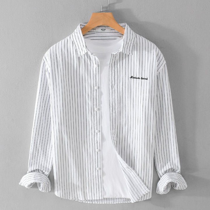 Men's pinstripe layered shirt in overshirt style with subtle chest embroidery Mune Fashion