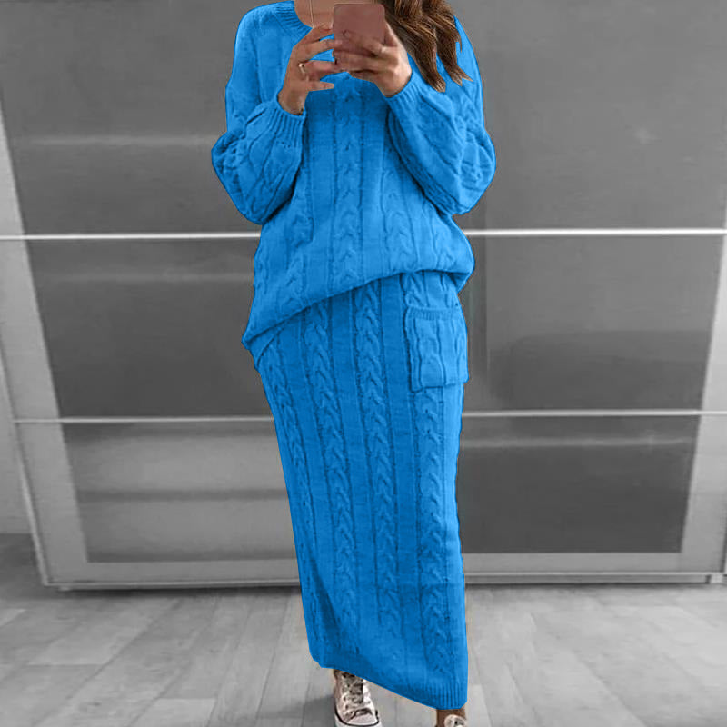 Women’s knitted set oversized cable knit sweater and maxi pencil skirt with patch pocket Mune Fashion