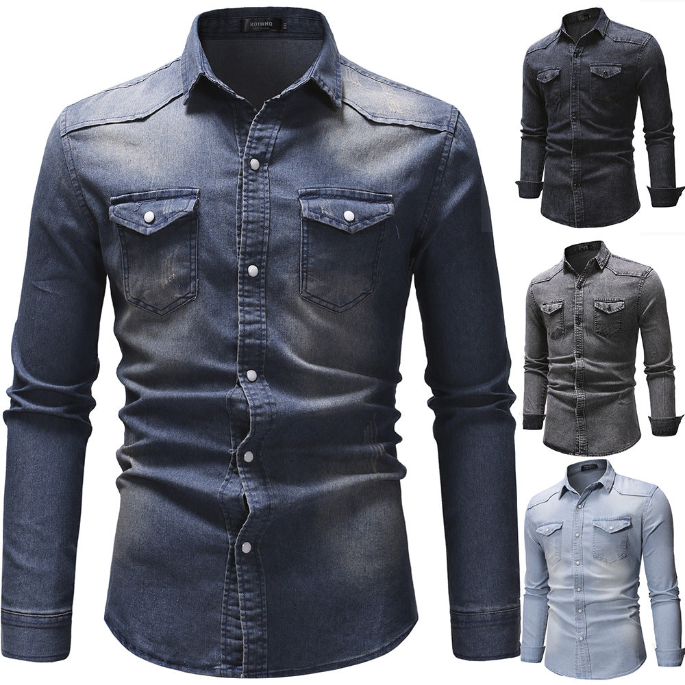 Men's oversized denim shirt jacket with curved hem and patch pockets Mune Fashion