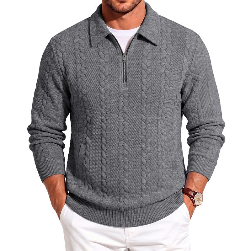 Men's polo collar knit sweater with cable structure and half zip Mune Fashion