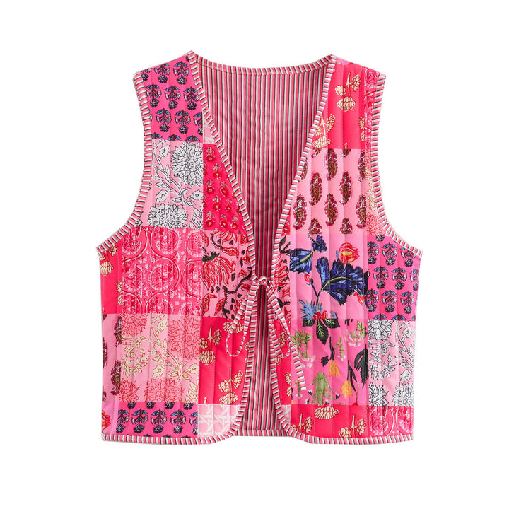 Ladies Quilted Waistcoat with Toile Print, Striped Lining and Drawstring Mune Fashion