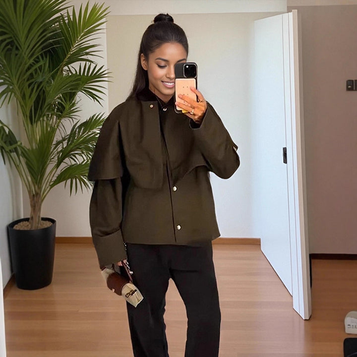 Women's Short Trench Coat with Cape Overlay and Oversized Sleeves Mune Fashion