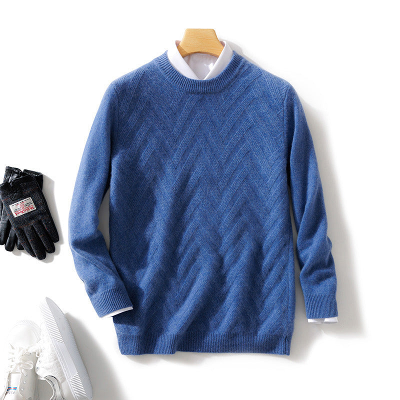 Men's Fine Crew Neck Sweater made of Cashmere Blend with Chevron Structure Mune Fashion