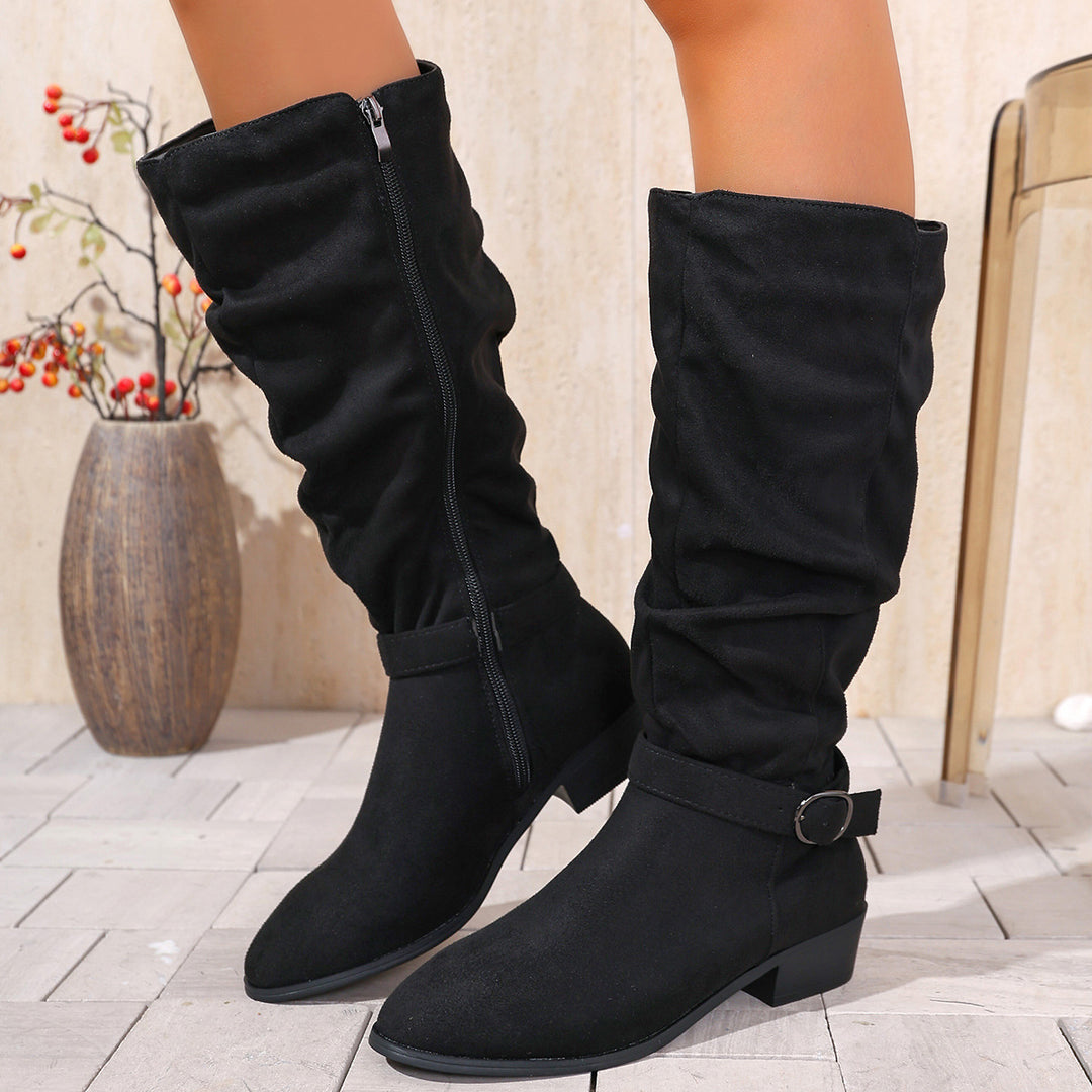 Women's knee-high slouch boots made of soft micro velvet with decorative belt and low block heel Mune Fashion