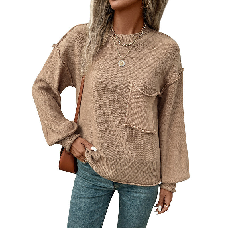Women Casual Knit Sweater with Patch Pocket Mune Fashion
