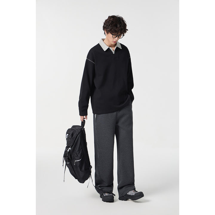 Men's Relaxed Sweatshirt with Polo Collar and Decorative Shoulder Seam Mune Fashion