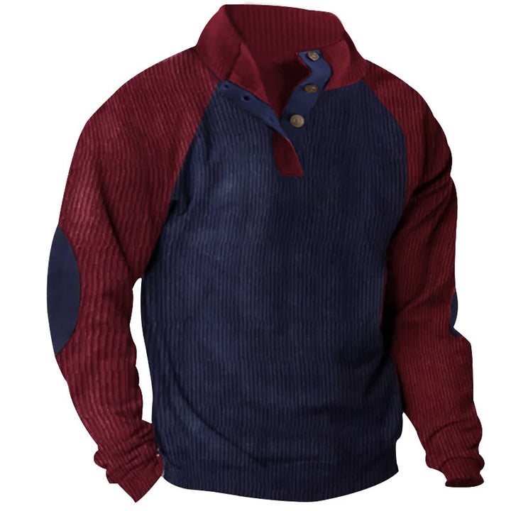 Men's Structured Raglan Henley Pullover with Stand Collar, Elbow Patches & Button Placket Mune Fashion