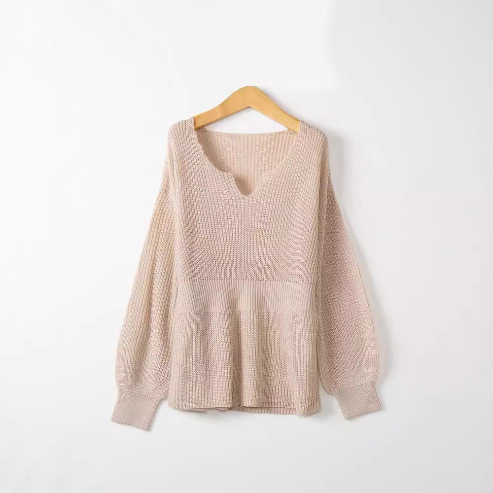 Women's Loose Fine Knit Sweater with V Notch Neckline, Fitted Ribbed Hem and Balloon Sleeves Mune Fashion