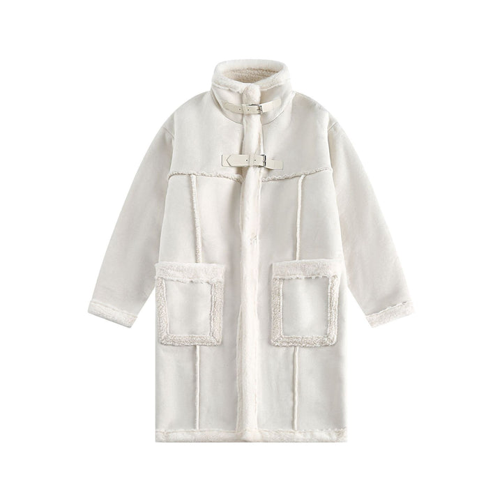 Women Long Oversize Sheepskin Imitation Coat with Stand-up Collar and Buckle Closure Mune Fashion