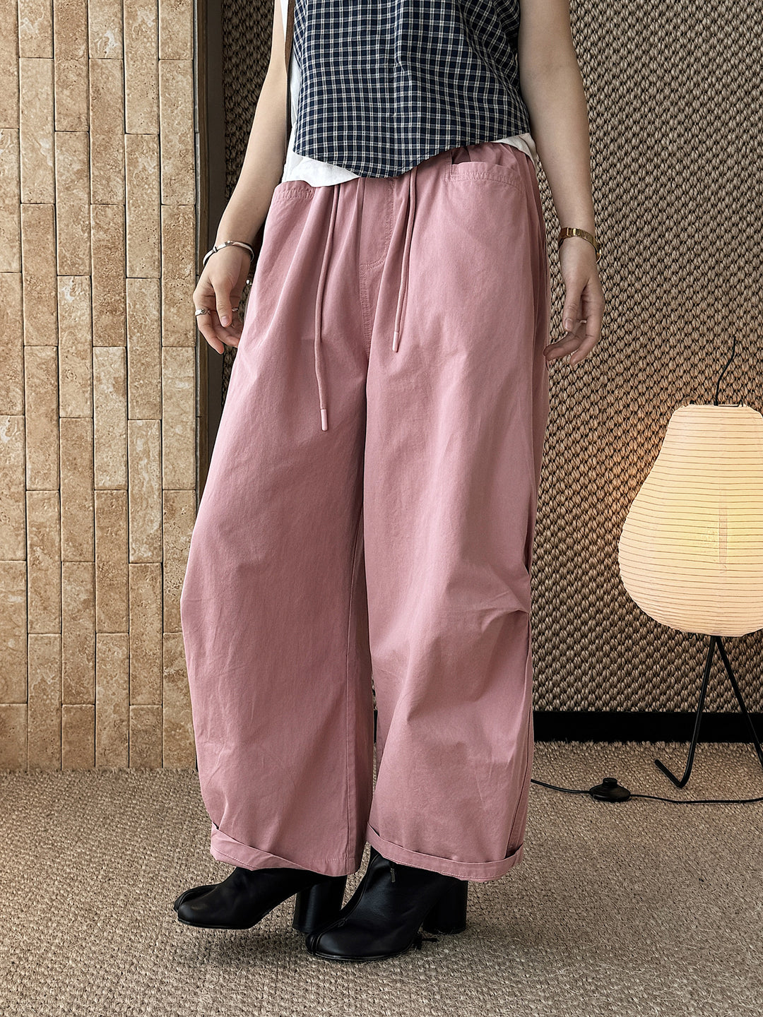 Women Wide High-Waist Cotton Pants with Drawstring and Cuffed Hem Mune Fashion