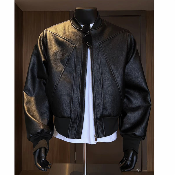 Men's tailored bomber jacket made of structured artificial leather look with stand-up collar and zipper Mune Fashion