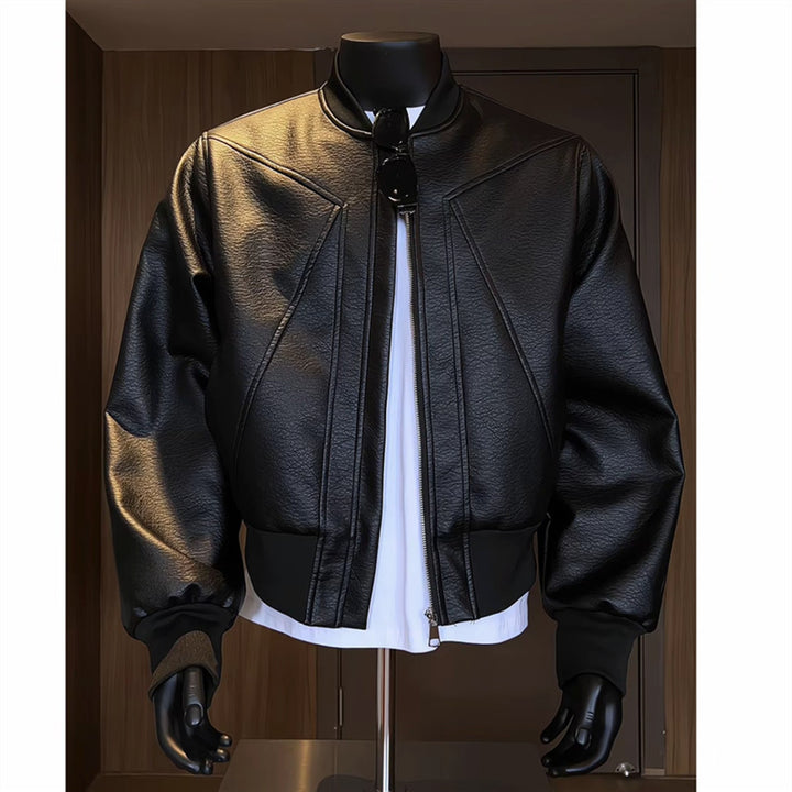 Men's tailored bomber jacket made of structured artificial leather look with stand-up collar and zipper Mune Fashion