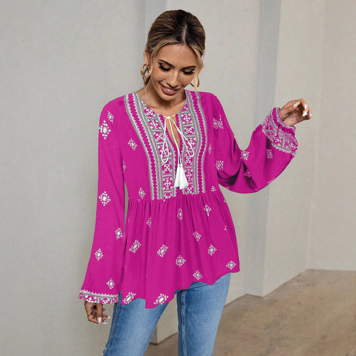 Women Embroidered Boho Tunic Blouse with Tassel Bands and Layered Hem Mune Fashion