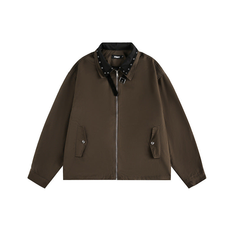 Unisex Boxy Blouson Jacket with Stud Decoration at the Buckle Collar and Concealed Zipper Mune Fashion