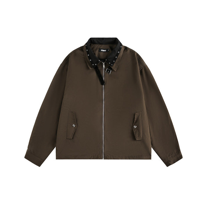Unisex Boxy Blouson Jacket with Stud Decoration at the Buckle Collar and Concealed Zipper Mune Fashion