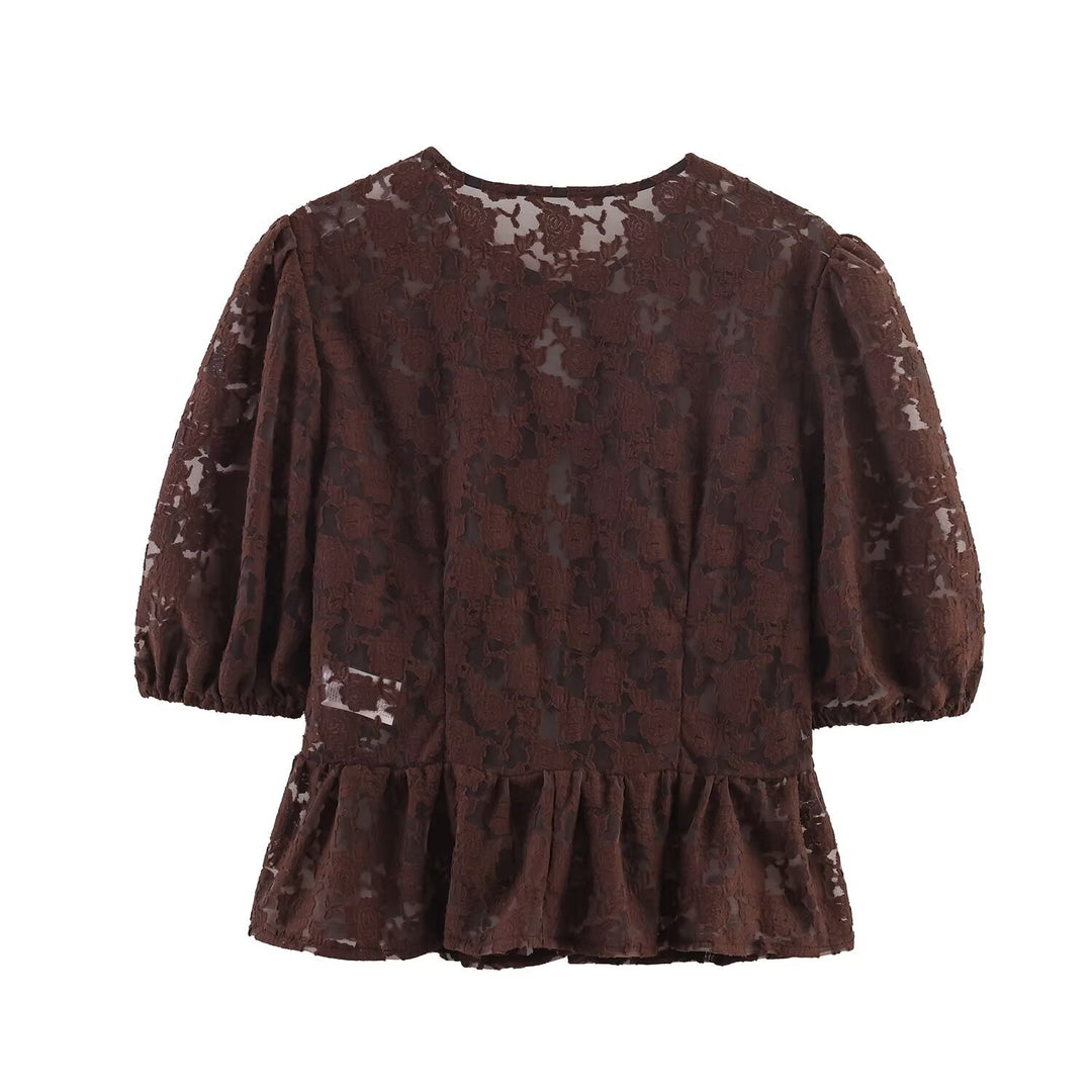 Ladies Transparent Lace Blouse with Front Ties and Ruffled Hem Mune Fashion