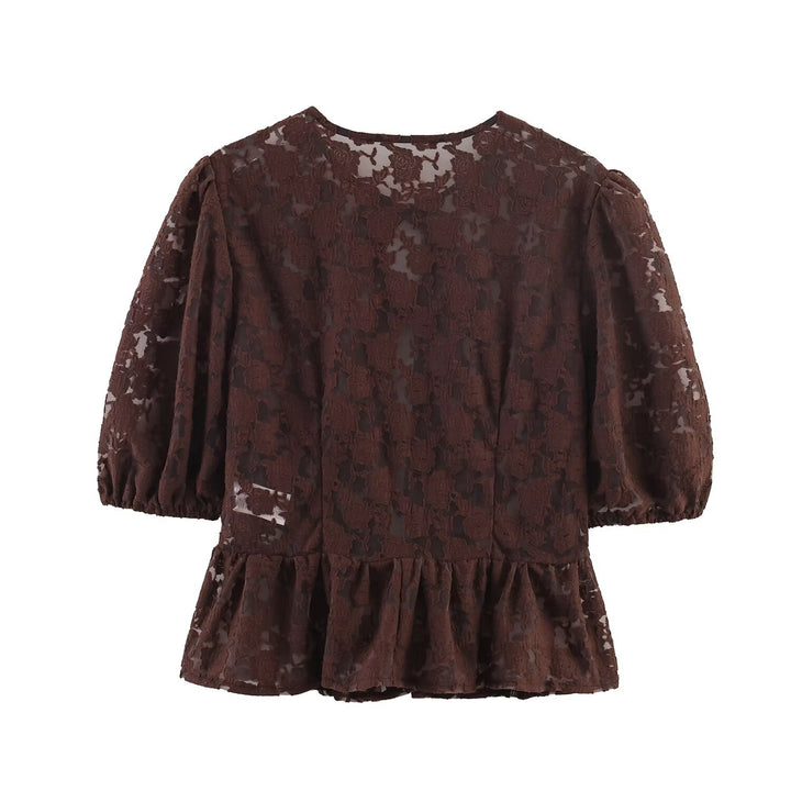 Ladies Transparent Lace Blouse with Front Ties and Ruffled Hem Mune Fashion