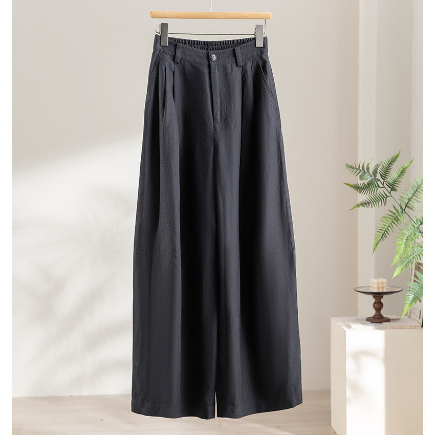 Women's wide linen-look trousers with high waist, crease and elastic back Mune Fashion