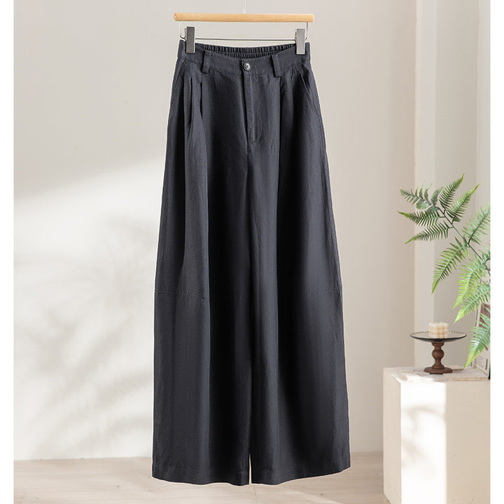 Women's wide linen-look trousers with high waist, crease and elastic back Mune Fashion
