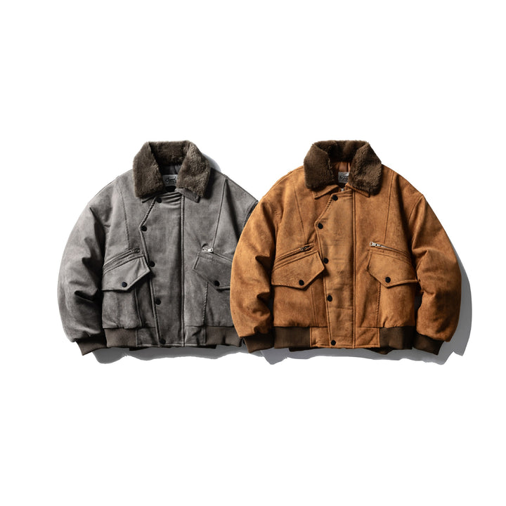 Men's Quilted Flight Jacket with Faux Fur Collar, Velvet-Suede Look and Utility Pockets Mune Fashion