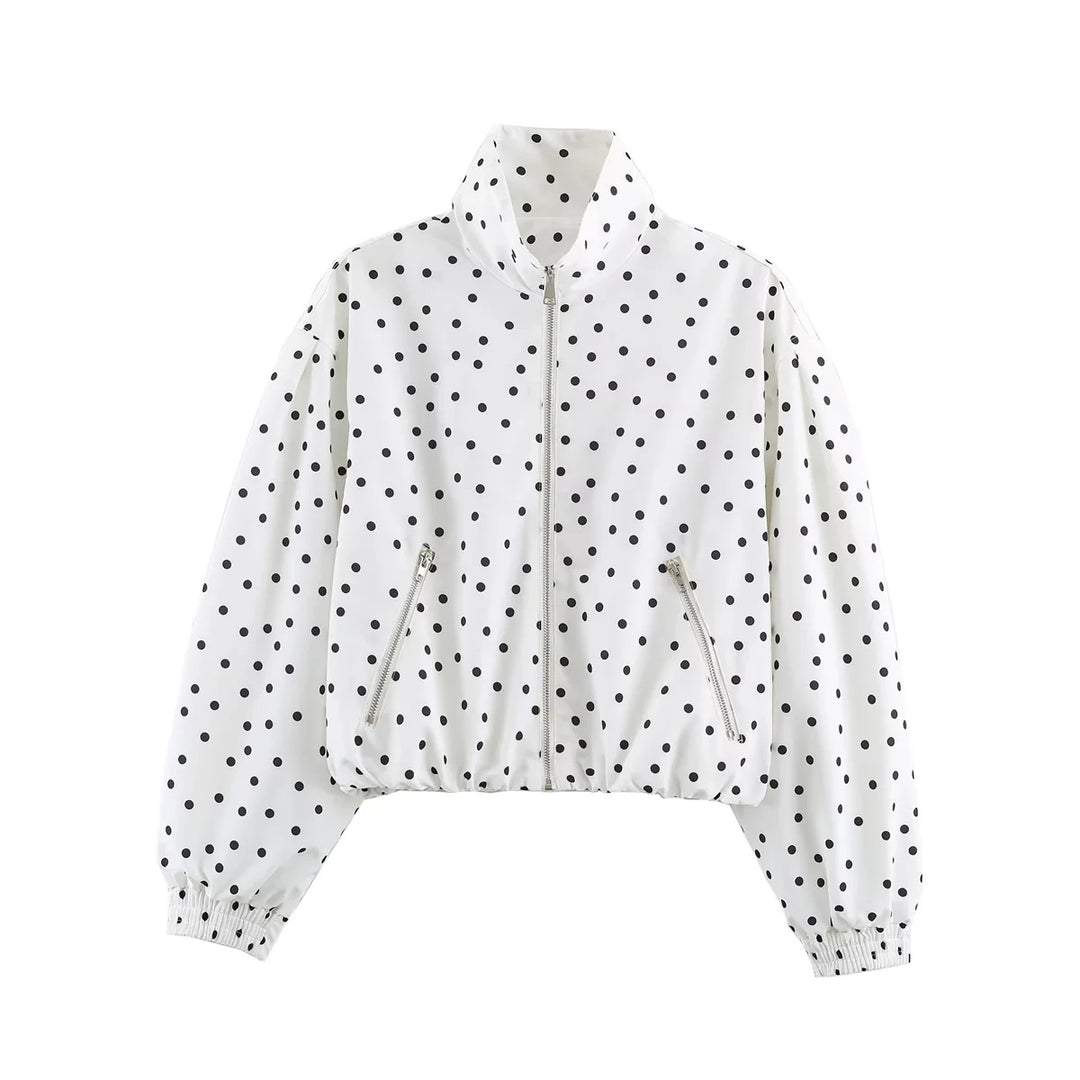 Women's dotted, waist-length bomber jacket with stand-up collar, zippered pockets, and elastic hem Mune Fashion