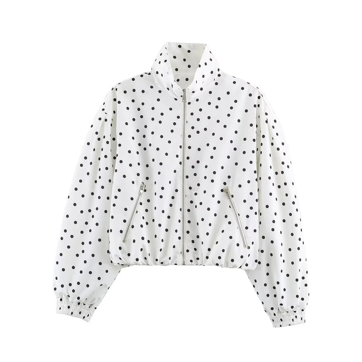 Women's dotted, waist-length bomber jacket with stand-up collar, zippered pockets, and elastic hem Mune Fashion