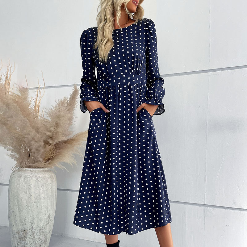 Women's Polka Dot Midi Dress with Ruffled Waist and Balloon Sleeves Mune Fashion