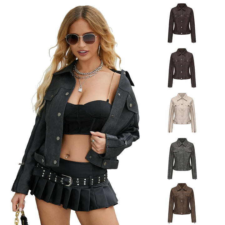 Ladies short cropped trucker jacket made of suede look with side zippers and patch chest pockets Mune Fashion