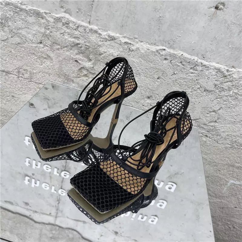 Ladies airy mesh sandal with square toe box and wrap lacing Mune Fashion