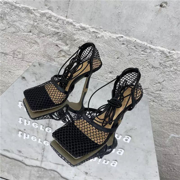Ladies airy mesh sandal with square toe box and wrap lacing Mune Fashion