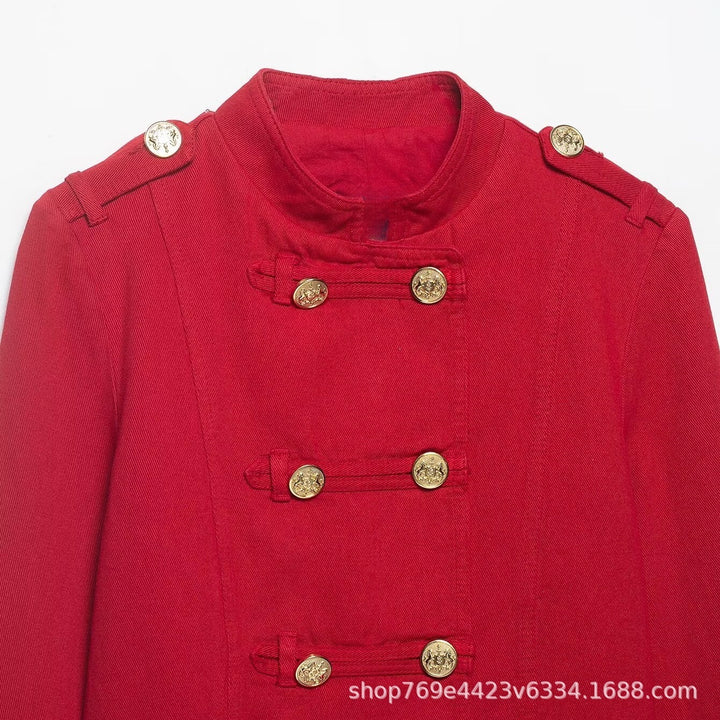 Women Short Military Jacket in Cropped Cut with Stand-up Collar and Golden Decorative Buttons Mune Fashion