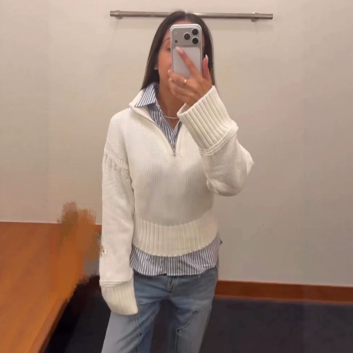 Women Cropped Knit Sweater with Half Zipper, Stand Collar and Balloon Sleeves Mune Fashion