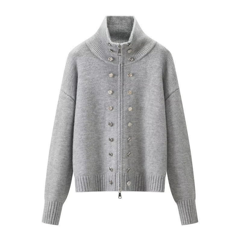 Women's Cropped Cardigan with High Standing Collar, Decorative Button Placket and Double Zipper Mune Fashion