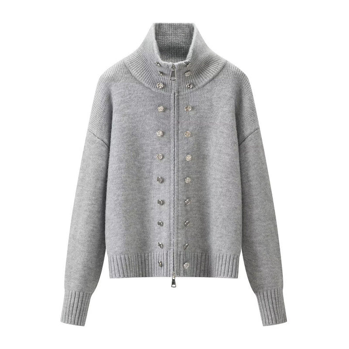 Women's Cropped Cardigan with High Standing Collar, Decorative Button Placket and Double Zipper Mune Fashion
