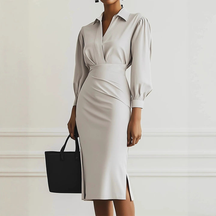Women's Shirt Blouse Dress with V-Wrap, Puff Sleeves and Tailored Midi Length Mune Fashion