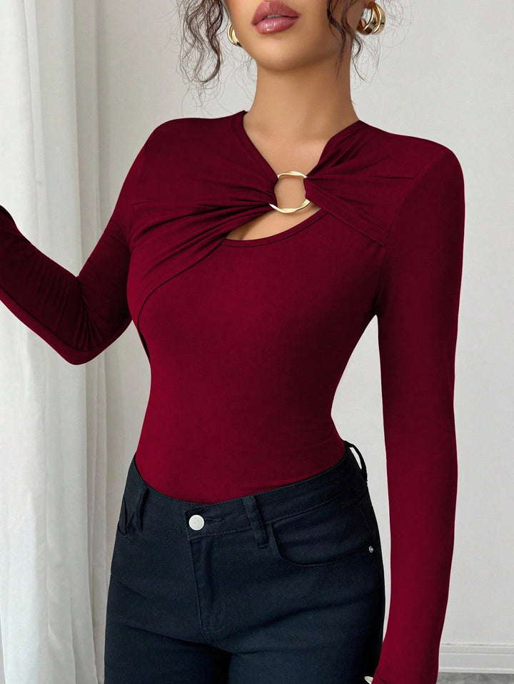 Women's body with figure-hugging long sleeves, leopard print and decorative ring Mune Fashion