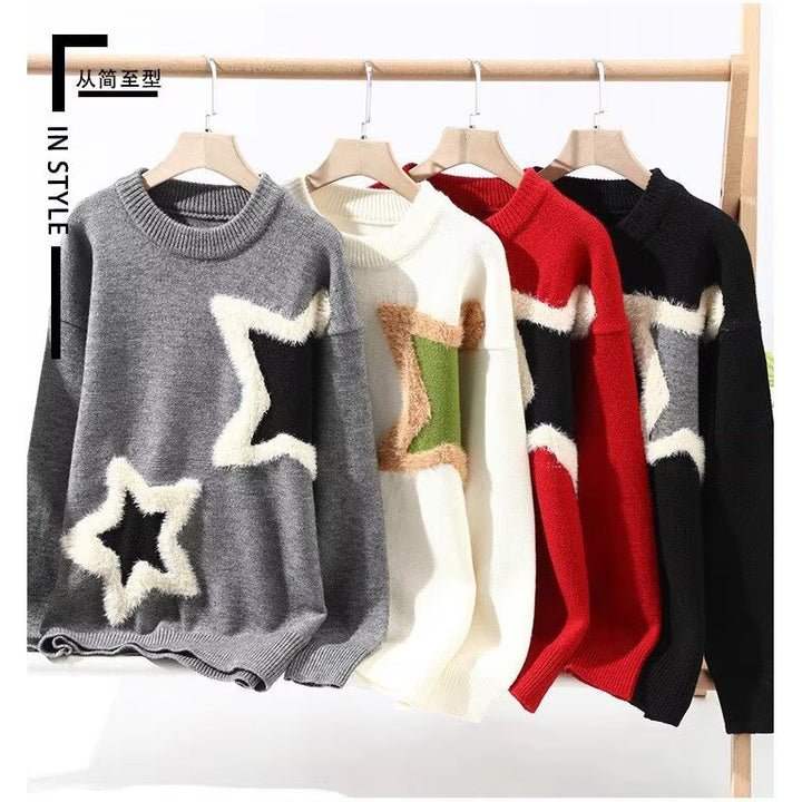 Women's Cozy Round Neck Sweater with Unique Moon Pattern Mune Fashion