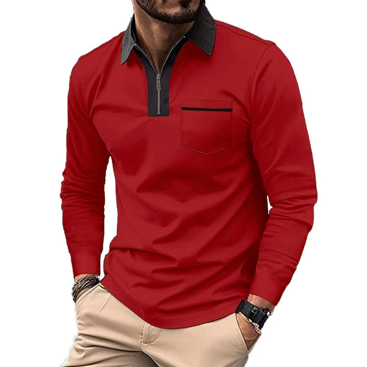 Men's elegant long-sleeve polo shirt with hidden half-zip, structured piqué look, and subtle chest pocket Mune Fashion