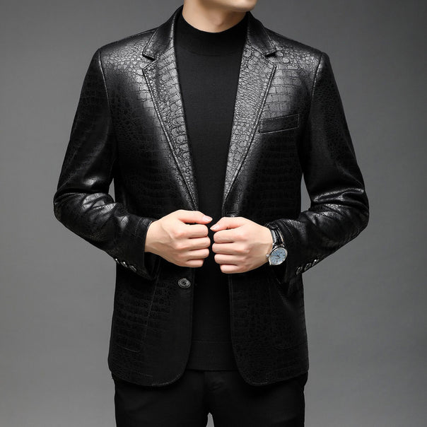 Men's Crocodile Pattern Faux Leather Blazer with Slim Silhouette Mune Fashion
