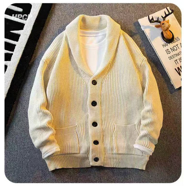 Men's shawl collar cardigan made of coarse ribbed knit with pockets & button placket Mune Fashion