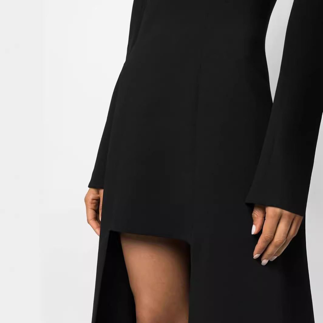 Women's maxi dress in blazer style with pronounced shoulder pads, tailored silhouette and high leg slit Mune Fashion