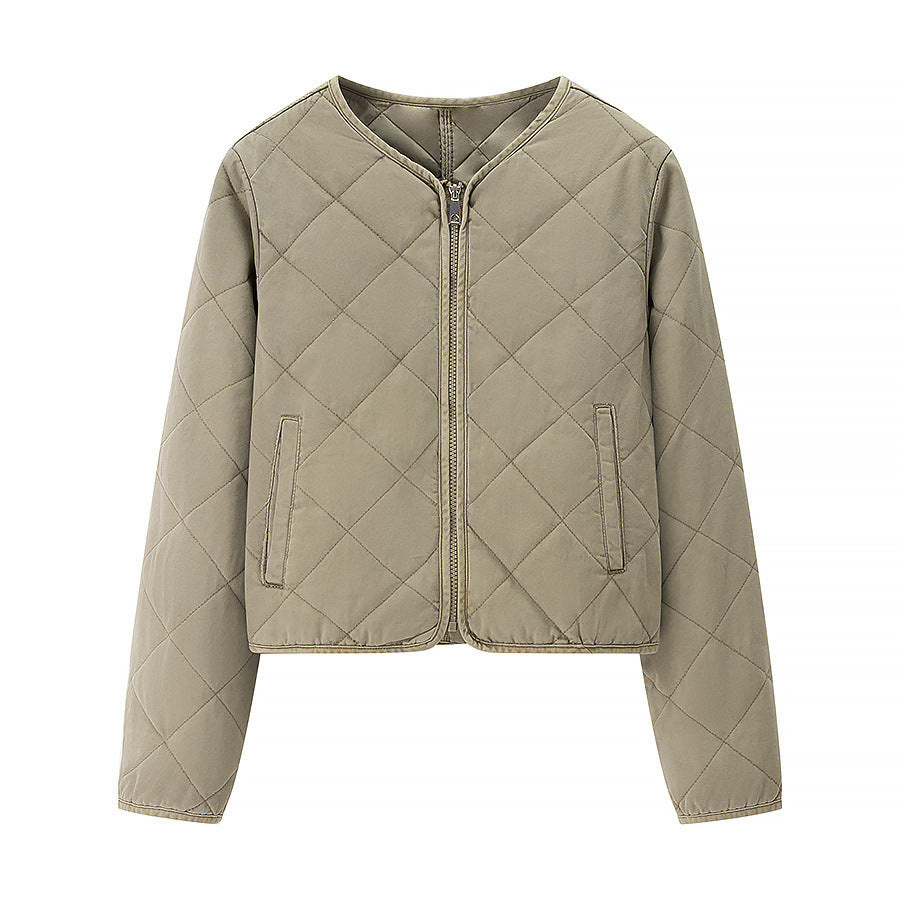Women Light Quilted Short Jacket with Round Neck, Full Zip and Subtle Waist Length Mune Fashion