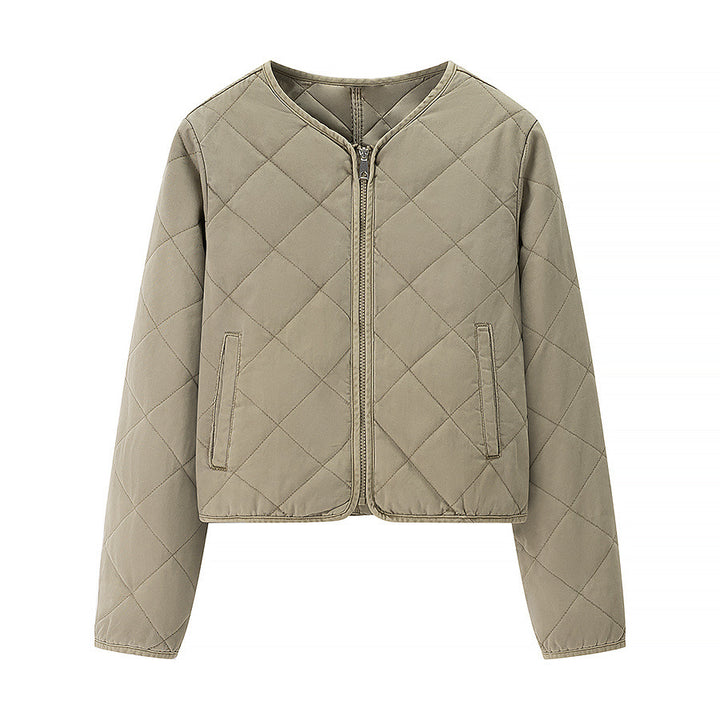 Women Light Quilted Short Jacket with Round Neck, Full Zip and Subtle Waist Length Mune Fashion