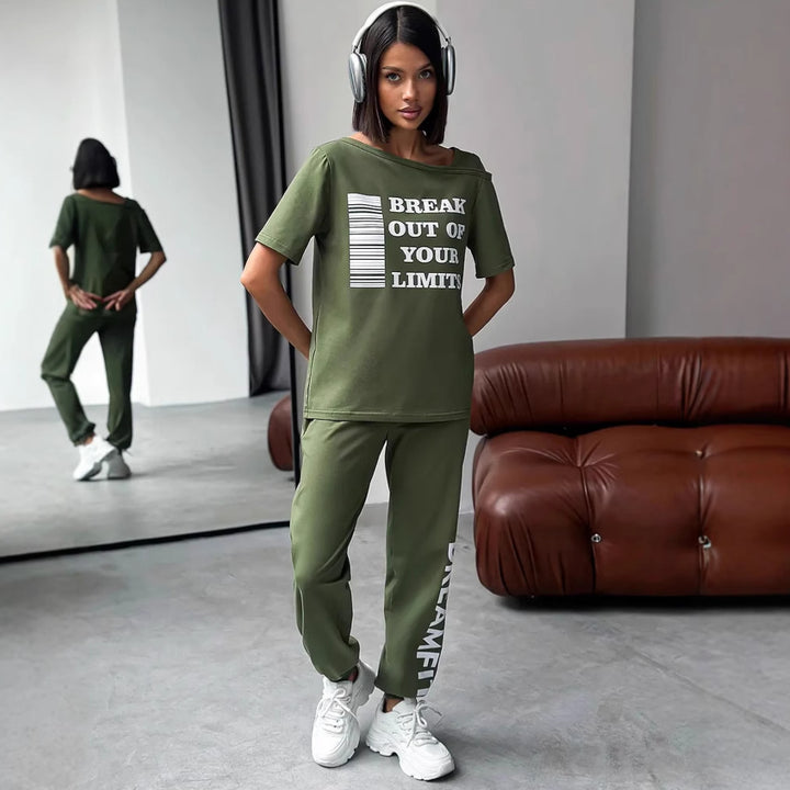 Women's casual lounge set with cut-out shoulder and statement print