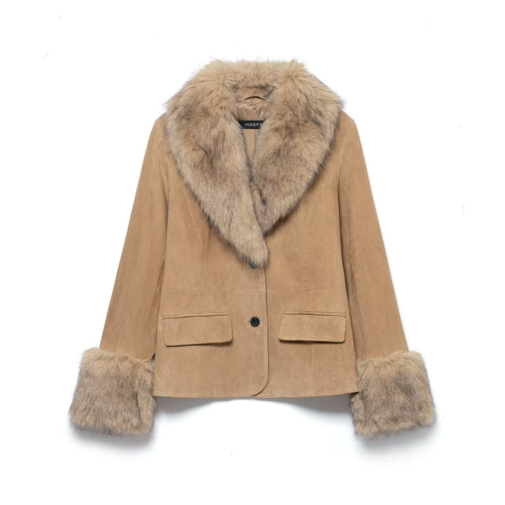 Women's short suede jacket with voluminous fur collar and wide fur cuffs Mune Fashion