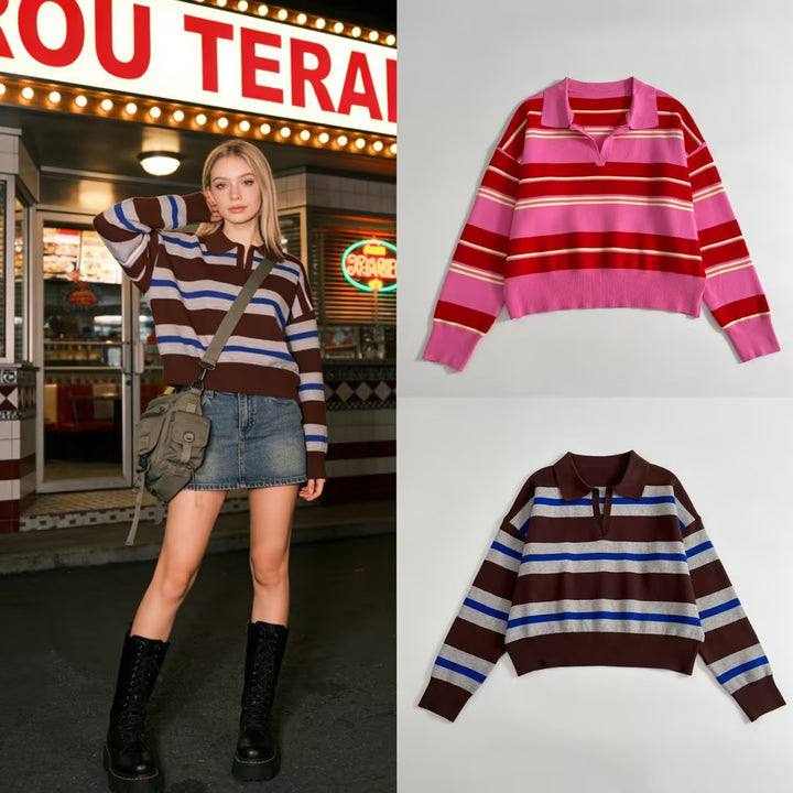 Women's Striped Polo Collar Sweater with Boxy Fit and V-Neck Mune Fashion