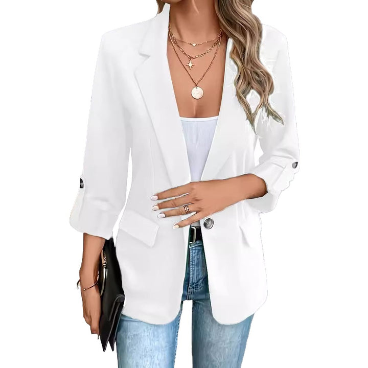 Women's tailored business blazer with cap sleeves, turned-up cuffs, and decorative buttons Mune Fashion