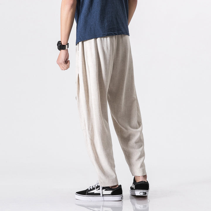 Men's relaxed linen-cotton harem jogger pants with concealed drawstring and tapered leg Mune Fashion