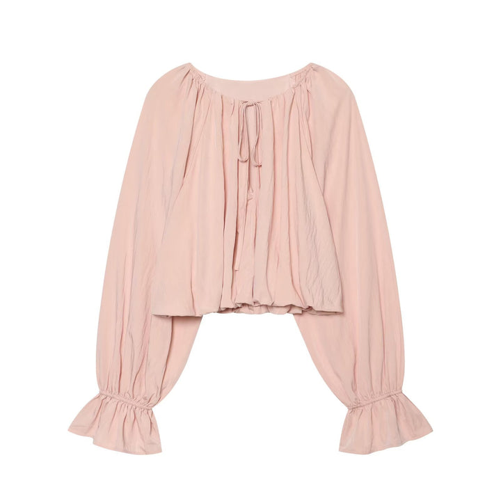 Women's Carmen Cropped Blouse with Drawstring Collar, Ruffled Hem and Balloon Sleeves Mune Fashion